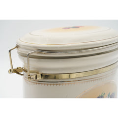 Vintage Knotts Berry Farm Foods Ceramic Canister w/ Metal Clamp Lid Fruit Motif