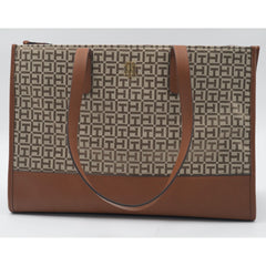 Tommy Hilfiger Allover Logo Tote Jacquard Handbag Brown 16.5" x 6.5" x 11.25"