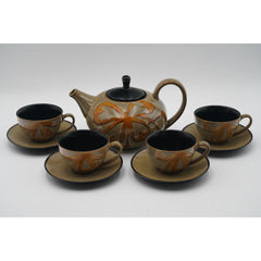 Pier 1 Imports Kioko Stoneware 4 Flat Cups & Saucers + Teapot Set Made in China