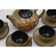 Pier 1 Imports Kioko Stoneware 4 Flat Cups & Saucers + Teapot Set Made in China