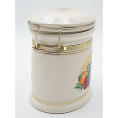 Vintage Knotts Berry Farm Foods Ceramic Canister w/ Metal Clamp Lid Fruit Motif