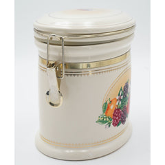 Vintage Knotts Berry Farm Foods Ceramic Canister w/ Metal Clamp Lid Fruit Motif