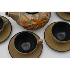 Pier 1 Imports Kioko Stoneware 4 Flat Cups & Saucers + Teapot Set Made in China