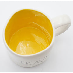 Rae Dunn TRAVEL Ceramic Coffee Mug Yellow Interior