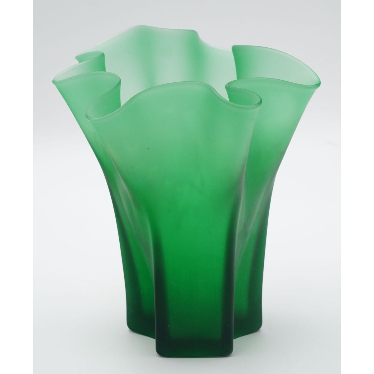 Green Frosted Glass Vase Handkerchief Ruffled Edge 8" Tall