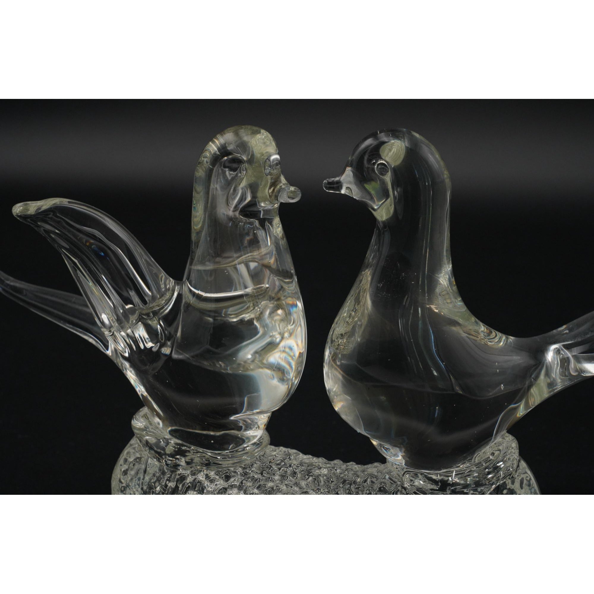 Vintage Murano Glass Love Birds on Branch Art Clear Doves Figurine