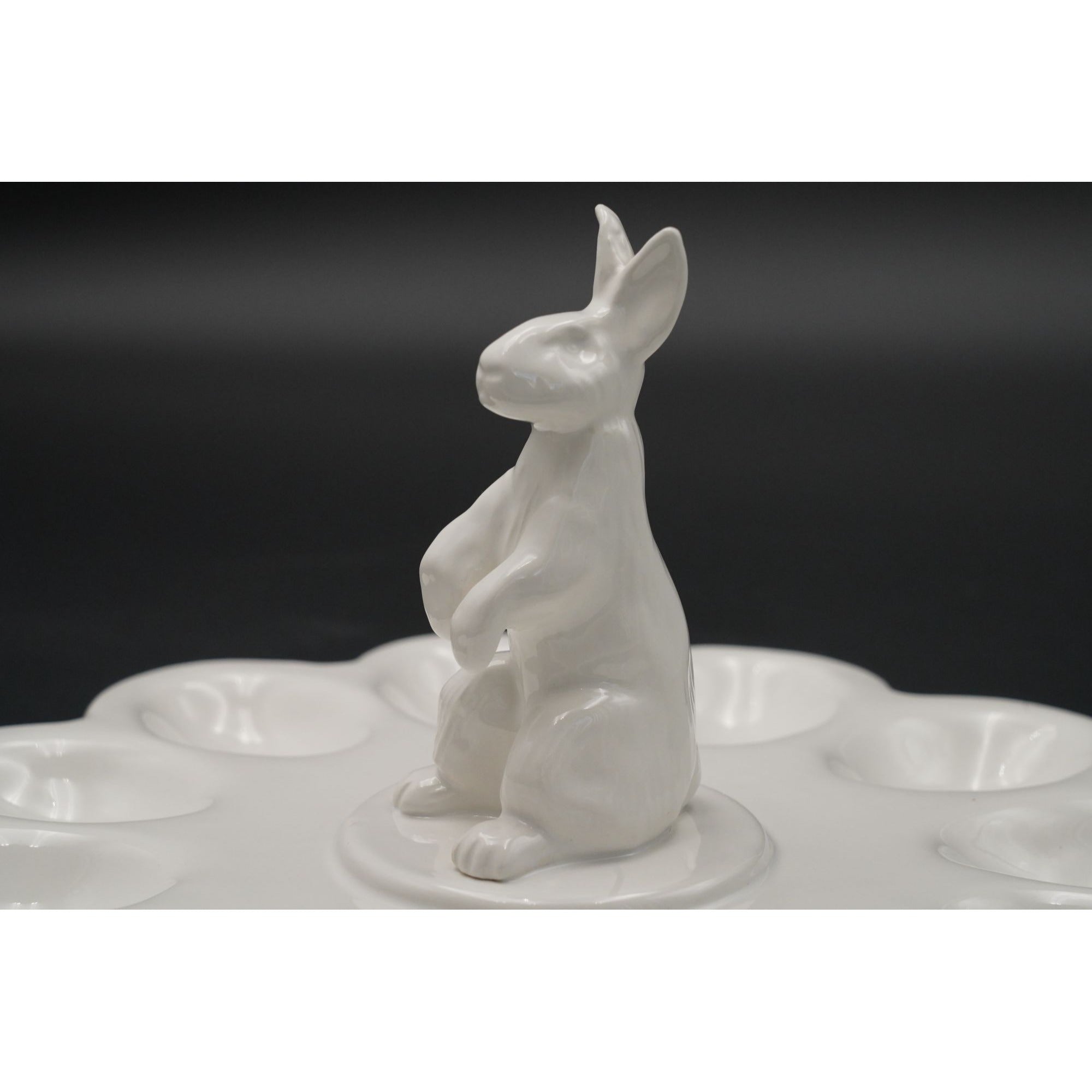 Williams Sonoma White Ceramic Easter Bunny 12-Egg Platter with Rabbit Figurine