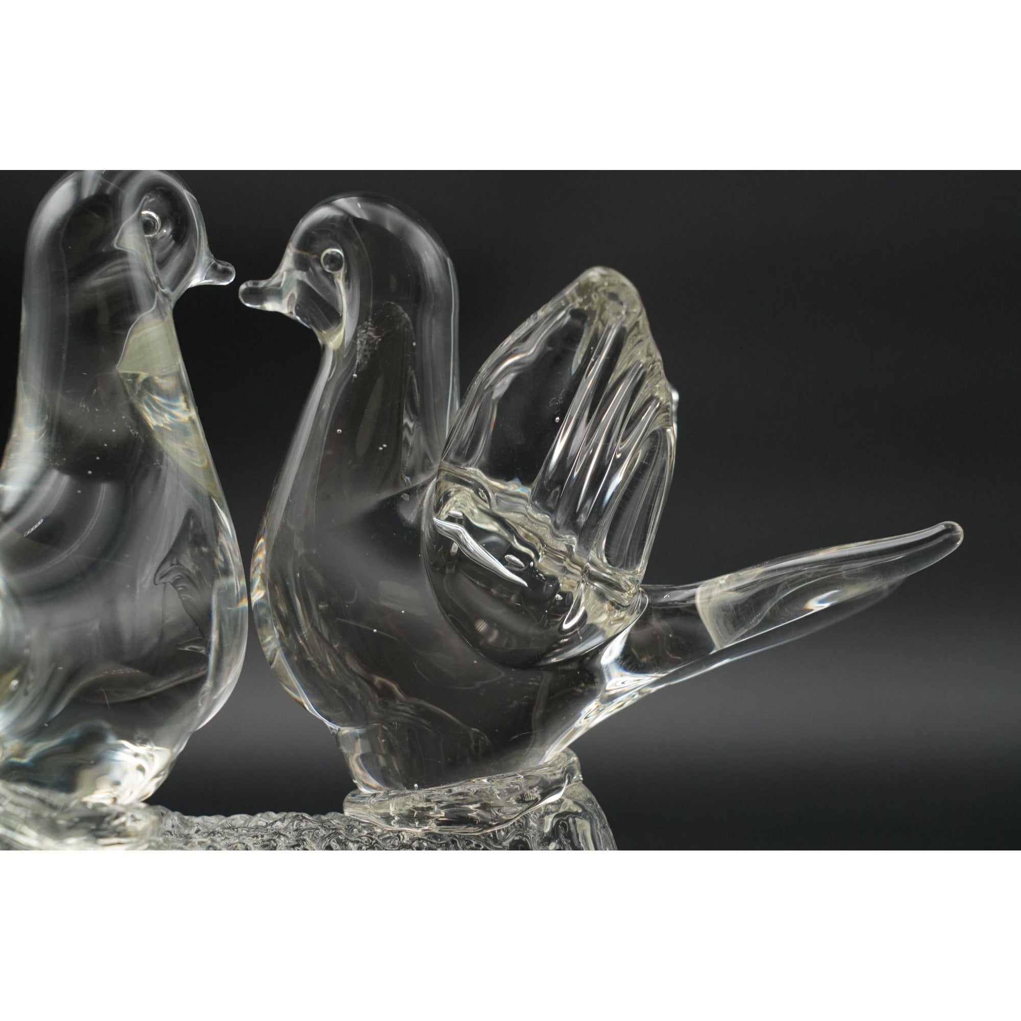 Vintage Murano Glass Love Birds on Branch Art Clear Doves Figurine