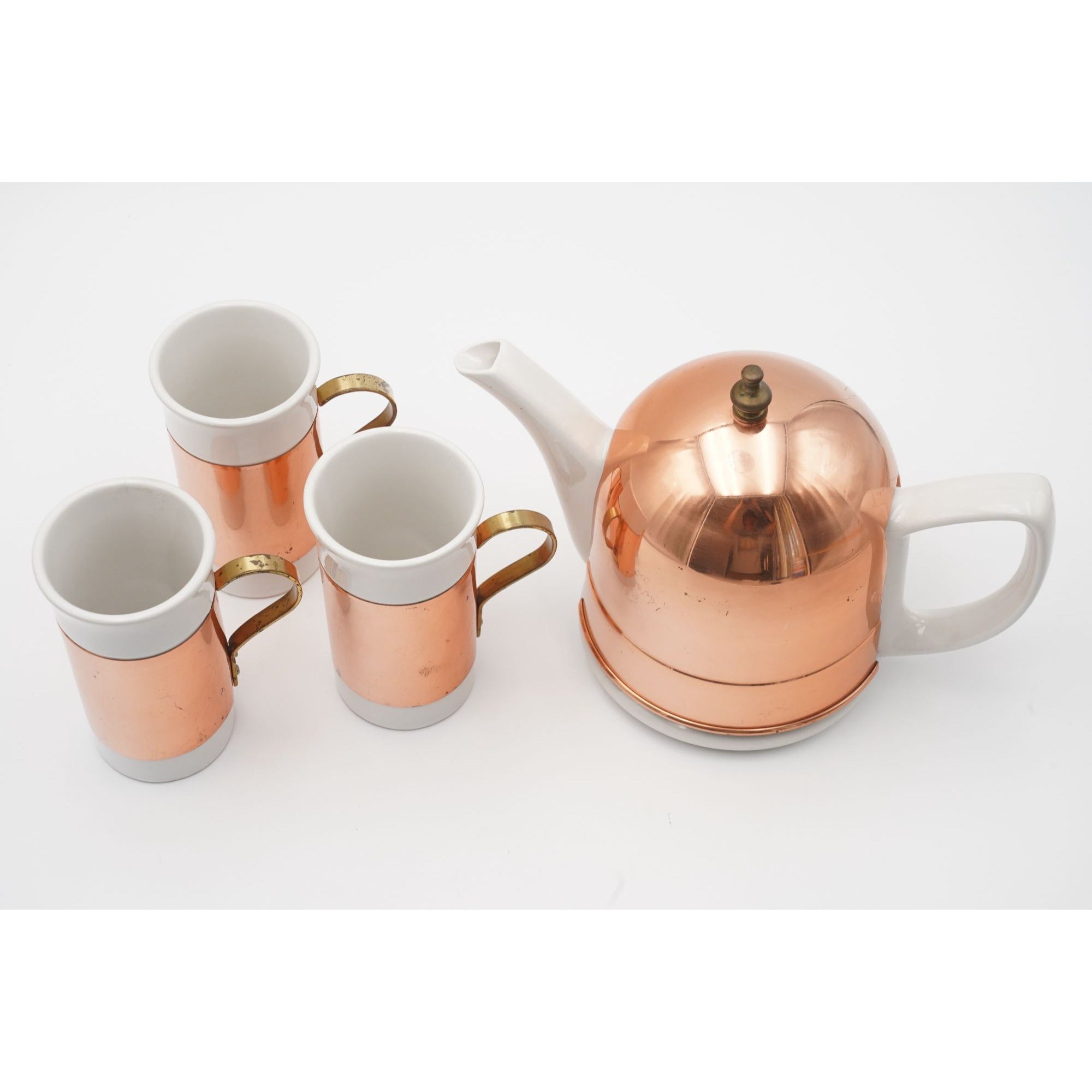 Vintage Baker Heart & Stuart Ceramic Tea Pot with Copper Cozy and 3 Mugs