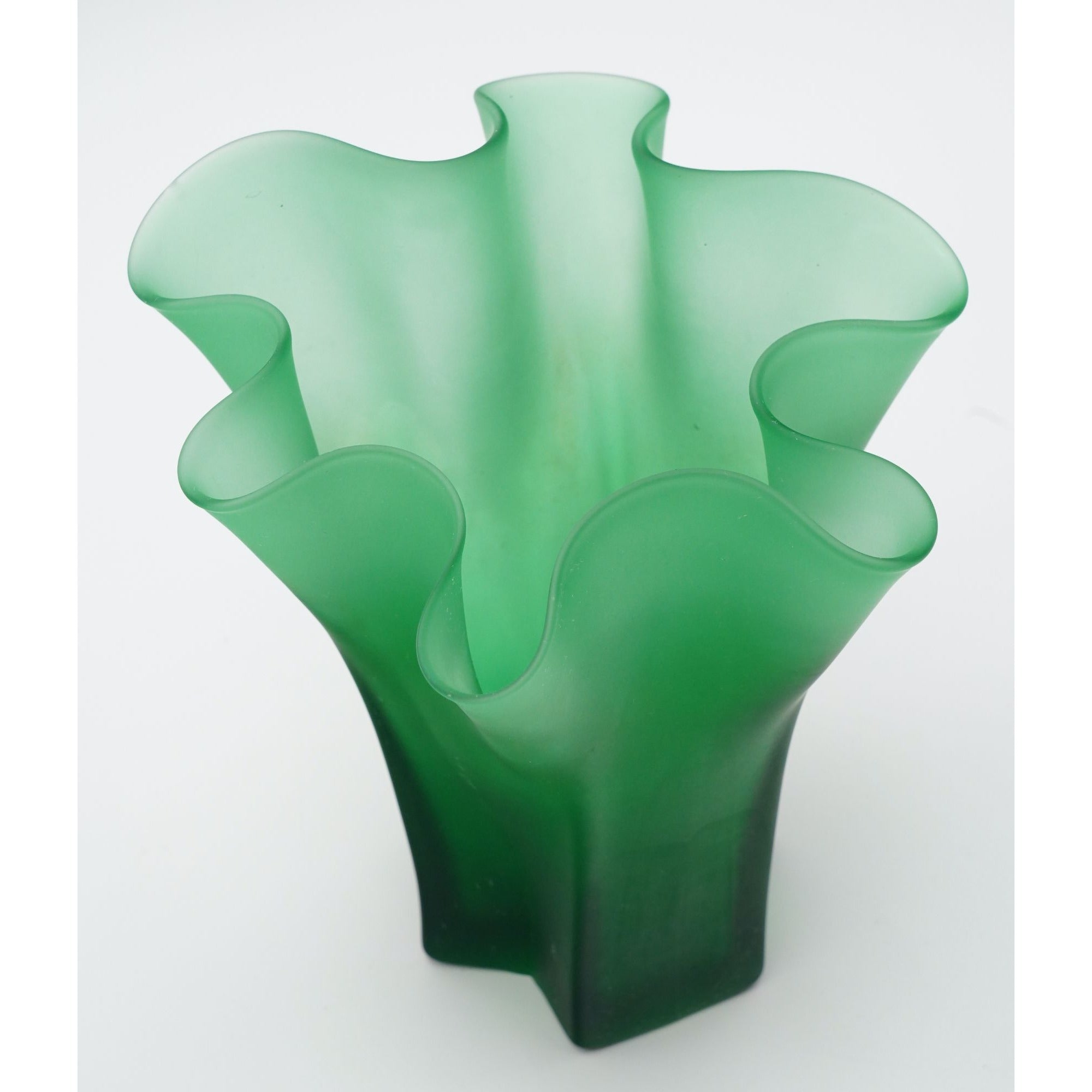 Green Frosted Glass Vase Handkerchief Ruffled Edge 8" Tall