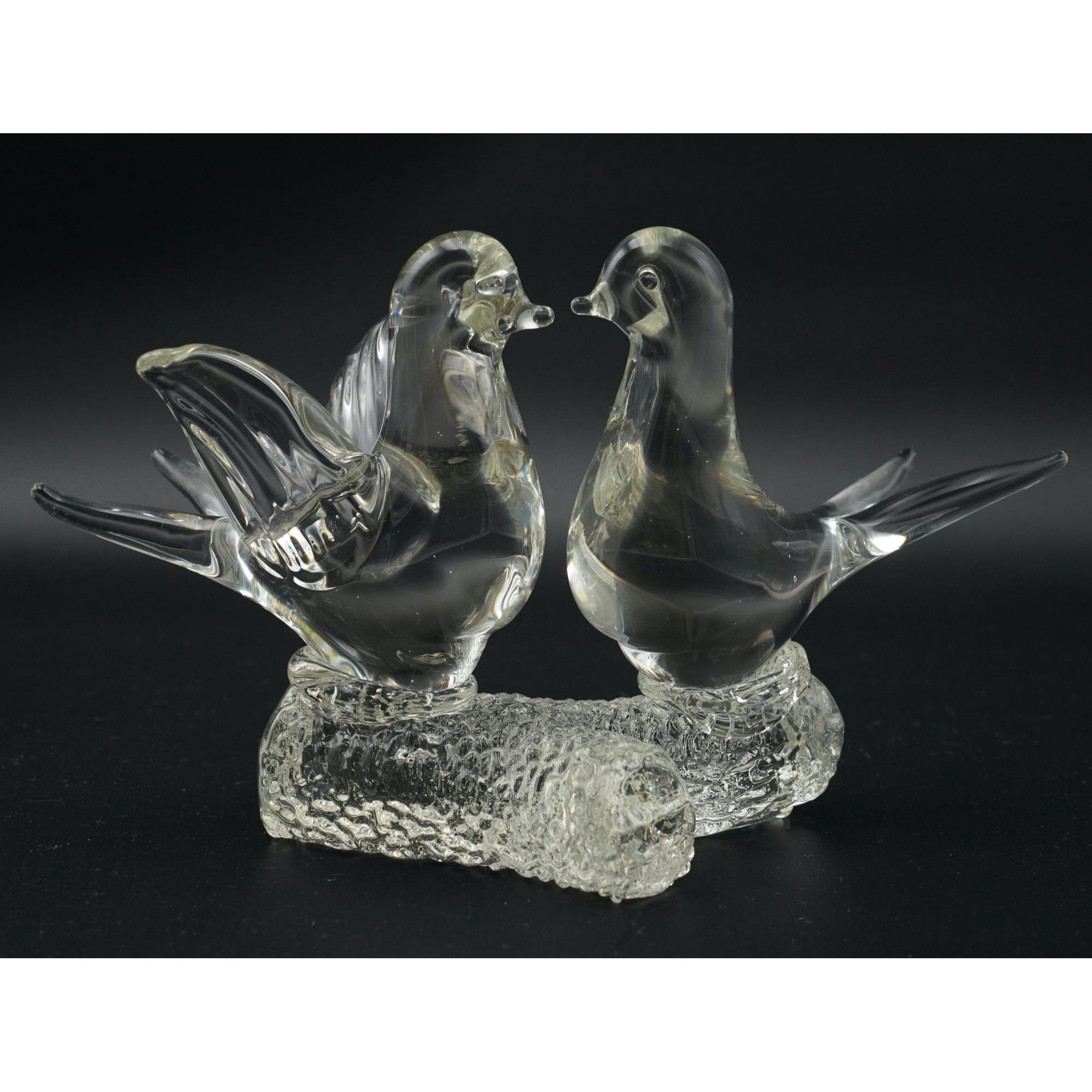 Vintage Murano Glass Love Birds on Branch Art Clear Doves Figurine