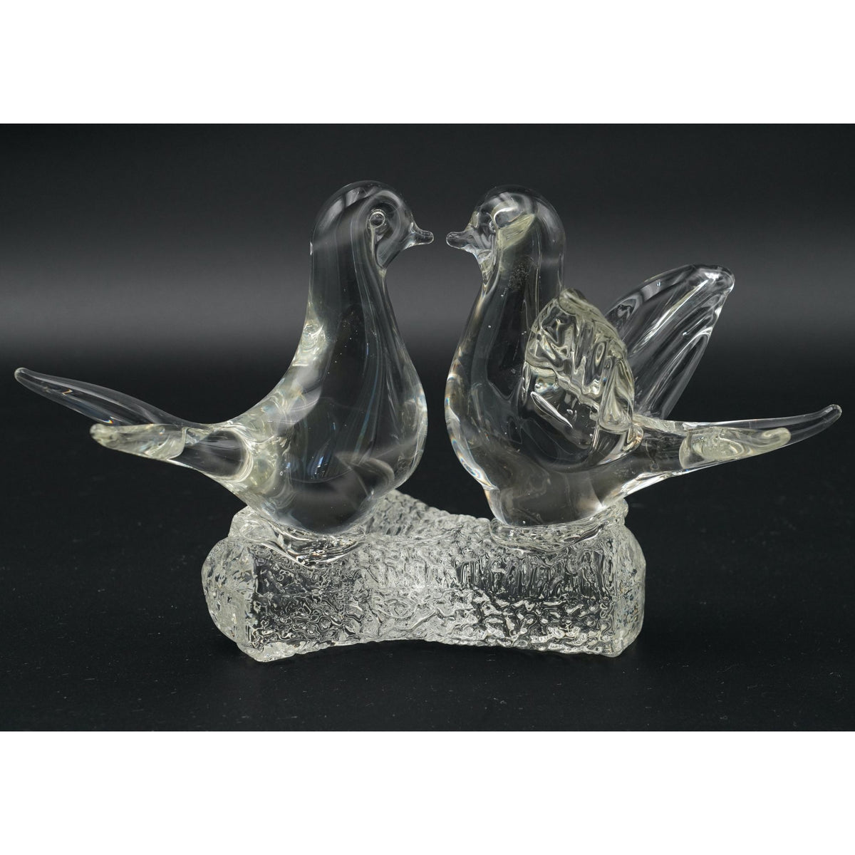 Vintage Murano Glass Love Birds on Branch Art Clear Doves Figurine