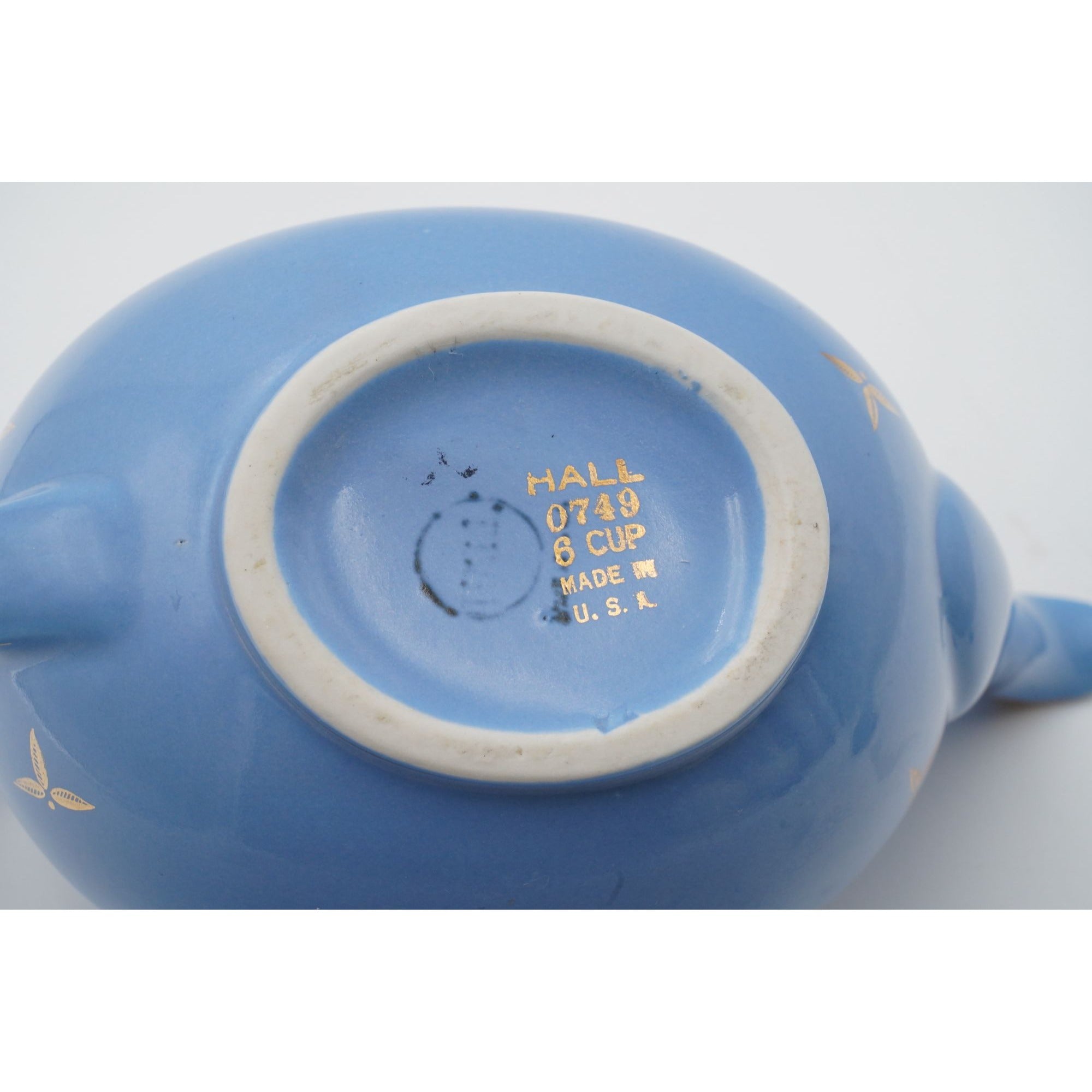 Vintage Hall 0749 6-Cup Hook Cover Teapot & Lid Blue, Gold Motif